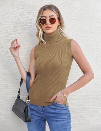 تاپ یقه اسکی بدون آستین بهاره زنانه Totatuit تانک یقه پیراهن جامد آجدار Image