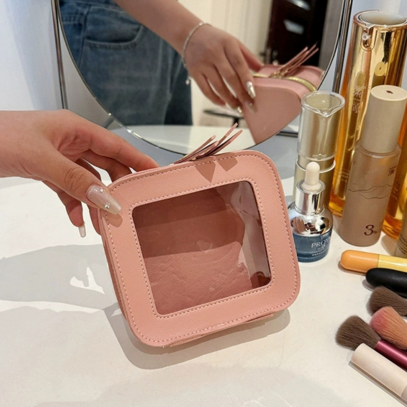 کیف آرایشی مینی شفاف  | کیف چرمی ضدآب مناسب کیف دستی و سفر صورتی Image