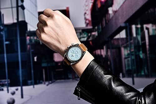 ساعت مچی مردانه BY BENYAR ساعت چند کاره کرونوگراف تاریخ کوارتز مردانه استیل ضد زنگ مشکی/بند چرم قهوه ای آنالوگ ساعت مچی هدیه برای مردان مشاغل معمولی Image