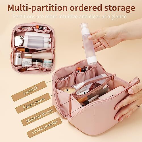 3 عدد کیف آرایش مسافرتی کیف لوازم آرایشی قابل حمل زنانه با ظرفیت بالا مجموعه کیف سازمان‌دهنده کیف آرایش تخت از 3 عدد کیف آرایشی ضد آب چرم PU با تقسیم‌کننده و دسته (صورتی) Image
