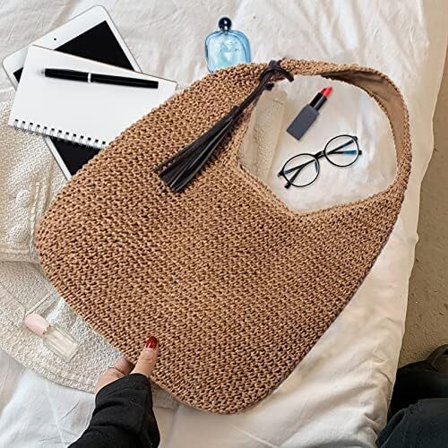 کیف دستی حصیری با ظرفیت بزرگ Aktudy، کیف دستی شانه ای توخالی برای زنان کیف ساحلی مسافرتی تابستانی Image