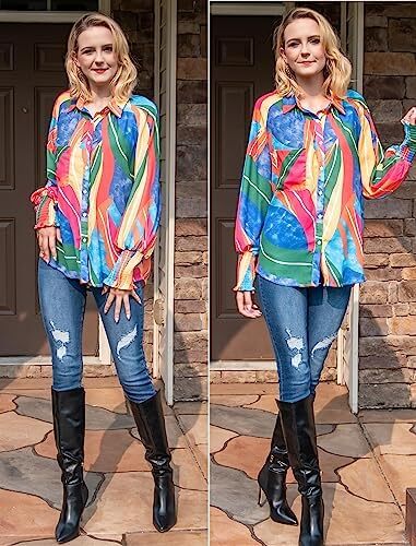 Prettywear زنانه دکمه دار پیراهن فانوس بلند پیراهن آستین بلند سایز بلوز گاه به گاه تاپ چکیده چاپ شده Image