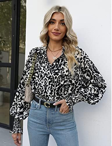 Prettywear زنانه دکمه دار پیراهن فانوس بلند پیراهن آستین بلند سایز بلوز گاه به گاه تاپ چکیده چاپ شده Image