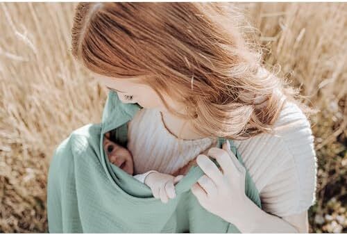 پوشش شیردهی کنسی موسلین برای شیردهی نوزاد، پوشش شیردهی ۱۰۰٪ پنبه‌ای قابل تنفس با حلقه سخت برای پیشبند مادر، چتر صندلی خودرو چندمنظوره (سبز روشن) (BRJ08) Image