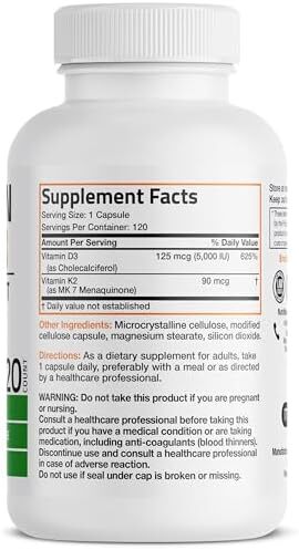 مکمل ویتامین K2 (MK7) با ویتامین D3 - ویتامین D و K کمپلکس پریمیوم غیر تراریخته، 120 کپسول