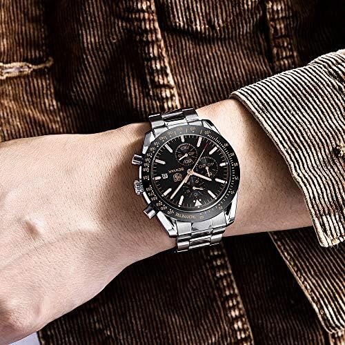 ساعت مچی مردانه BY BENYAR ساعت چند کاره کرونوگراف تاریخ کوارتز مردانه استیل ضد زنگ مشکی/بند چرم قهوه ای آنالوگ ساعت مچی هدیه برای مردان مشاغل معمولی Image