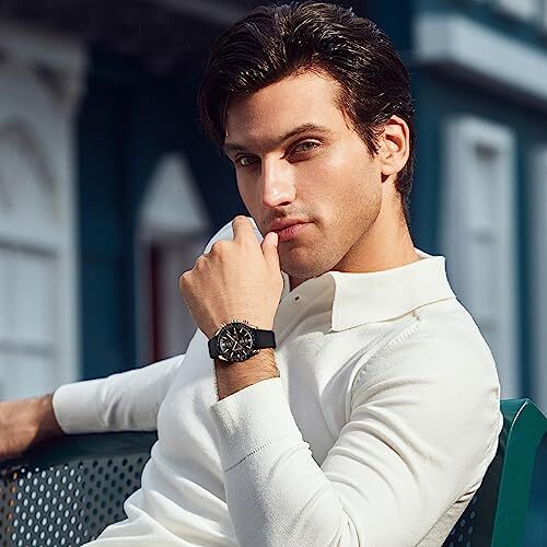 ساعت مچی مردانه BY BENYAR ساعت چند کاره کرونوگراف تاریخ کوارتز مردانه استیل ضد زنگ مشکی/بند چرم قهوه ای آنالوگ ساعت مچی هدیه برای مردان مشاغل معمولی Image