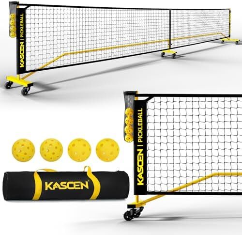 توری قابل حمل KASCEN Pickleball با چرخ - 22FT USAPA سایز تنظیمی توری Pickleball برای Driveway با نگهدارنده توپ، 4 Pickleball، کیف حمل برای فضای بیرونی سیاه سفید Image