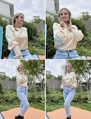 بلوز ساتن زنانه شیگانت پیراهن ابریشمی آستین بلند یقه خدمه تاپ تونیک کاری تجاری Image