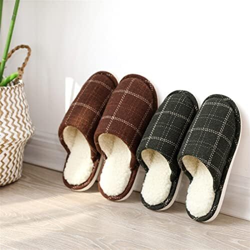KIZQYN دمپایی خانگی نخی به سبک ژاپنی دمپایی داخلی چهارخانه مردانه دمپایی زیر ضخیم گرم زمستانی دمپایی بدون لغزش کفش خانگی (رنگ: قهوه ای2، سایز کفش: XL(مناسب 39-40)) Image