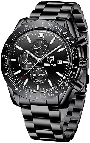 ساعت مچی مردانه BY BENYAR ساعت چند کاره کرونوگراف تاریخ کوارتز مردانه استیل ضد زنگ مشکی/بند چرم قهوه ای آنالوگ ساعت مچی هدیه برای مردان مشاغل معمولی Image