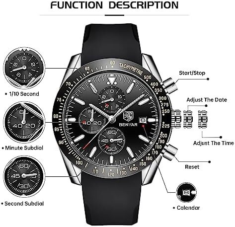 ساعت مچی مردانه BY BENYAR ساعت چند کاره کرونوگراف تاریخ کوارتز مردانه استیل ضد زنگ مشکی/بند چرم قهوه ای آنالوگ ساعت مچی هدیه برای مردان مشاغل معمولی