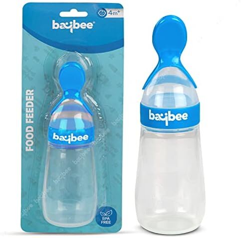 پخش‌کننده غذای سیلیکونی بی‌بی، بطری فشاری ضد کولیک و بدون BPA با قاشق برای غذای نیمه‌جامد نوزادان | پخش‌کننده غذای نوزاد برای نوزادان ۳ ماه به بالا (آبی)