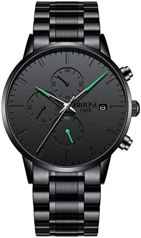 ساعت‌های مردانه NIBOSI ساعت‌های مینیمالیستی آنالوگ مشکی ساعت‌های مردانه تجاری کرنوگراف ساعت‌های مچی معمولی نظامی ساعت‌های مچی استیل ضد زنگ تاریخ Image