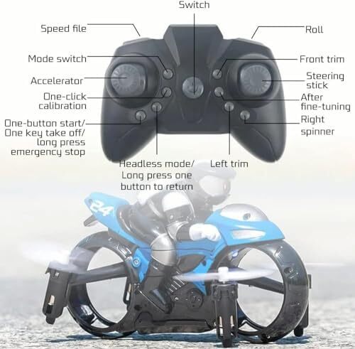 اسباب بازی موتور سیکلت کنترل از راه دور AMERTEER، موتور سیکلت مینی پرنده برقی 2.4 گیگاهرتز اسباب بازی برای کودکان با چرخ های روشن، زمین و هوا با چرخش 360 درجه دریفت RC موتورسیکلت RC برای کودکان (آبی) Image