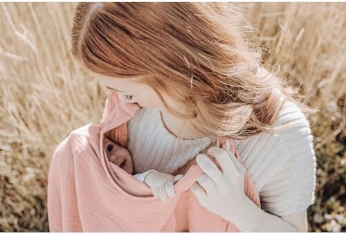 Konssy Muslin Nursing Cover for Baby Breastfeeding, Breathable 100% Cotton Breastfeeding Cover with Rigid Hoop for Mother Nursing Apron, Multi-use Carseat Canopy (Pink) Image