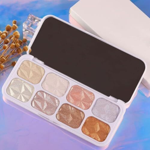 پالت آرایشی با هایلایتر صورت 8 رنگ، پودر هایلایت چند رنگی Shimmer Glitter، همه سایه های درخشان را می توان لایه لایه یا به صورت جداگانه پوشید تا ویژگی های چهره شما را تقویت و روشن کند. Image
