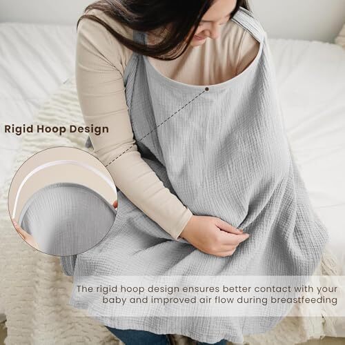 پوشش شیردهی کنسی موسلین برای شیردهی نوزاد، پوشش شیردهی ۱۰۰٪ پنبه‌ای قابل تنفس با حلقه سخت برای پیشبند شیردهی مادر، چتر صندلی خودرو چندمنظوره (خاکستری) (BRJ06) Image