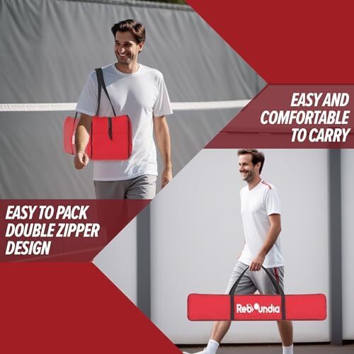 REBOUNDIA Pickleball Net قابل حمل در فضای باز، سیستم توری توپ ترشی با سایز رسمی 22 فوتی با کیف حمل و پاداش تمرین انفرادی Rebounder Image