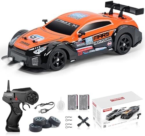 ماشین کنترل از راه دور ماشین RC Drift ماشین 1:16 مقیاس 4WD 18KM/H مدل ماشین با سرعت بالا 2.4GHz با چراغ LED اسپری لاستیک تایر مسابقه ای ماشین اسباب بازی اسپرت برای بزرگسالان پسر دختر هدیه بچه ها 2 عدد باتری قابل شارژ Image