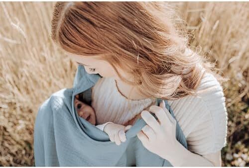 پوشش شیردهی کنسی موسلین برای شیردهی نوزاد، پوشش شیردهی ۱۰۰٪ پنبه‌ای قابل تنفس با حلقه سخت برای پیشبند مادر، چتر صندلی خودرو چندمنظوره (آبی) Image