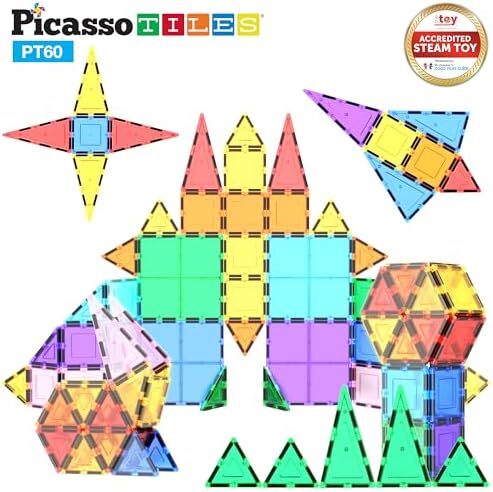 PicassoTiles 60 Piece Piece Magnet Tiles Building Clear Magnetic 3D Building Blocks Playboards - خلاقیت فراتر از تصور، الهام بخش، تفریحی، آموزشی، متعارف 60 Image