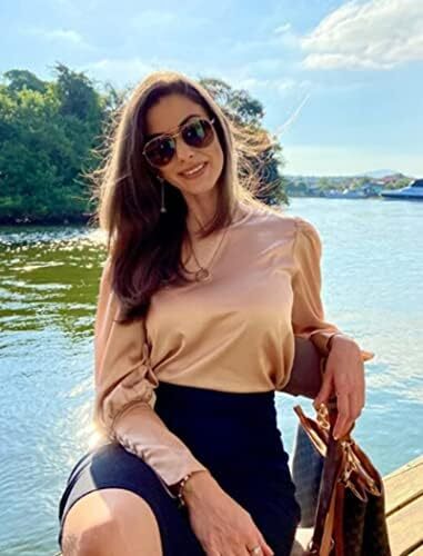 بلوز ساتن زنانه شیگانت پیراهن ابریشمی آستین بلند یقه خدمه تاپ تونیک کاری تجاری Image