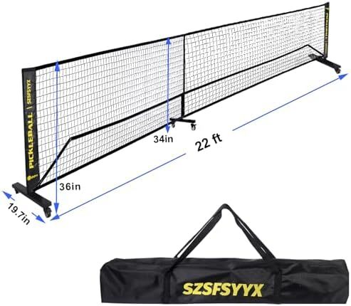 شبکه پیکلبال سنگین لوکس متحرک SZSFSYYX با چرخ، اندازه تنظیم 22 FT شامل کیف حمل، پایه فلزی محکم و شبکه های پلی اتیلن ارتقا یافته، کاملا صاف، مناسب برای فضای باز داخلی Image