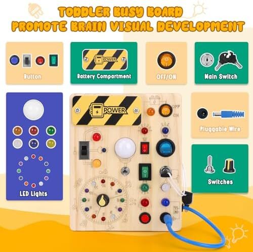 Hoarosall Montessori toys Clock Wooden Busy Board with 11 LED Light switches, Tooddler Toys Sensory Toys Travel Toys for 1+ Year Old Baby and Toddler Image
