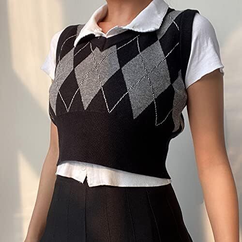 جلیقه ژاکت بافتنی Hyipels Argyle زنانه Y2K لباس بافتنی چهارخانه مدل لباس بافتنی Preppy Style V یقه تاپ تانک دخترانه Image