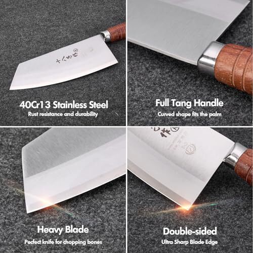 چاقوی سرآشپز SHI BA ZI ZUO، چاقوی سبزیجات چینی برای آشپزخانه، کلاس برتر، چاقوی استیل ضد زنگ 7 اینچی با طراحی ارگونومیک و دسته چوبی راحت Image