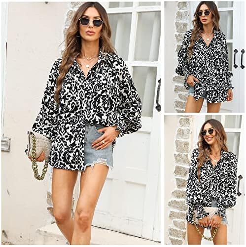 Prettywear زنانه دکمه دار پیراهن فانوس بلند پیراهن آستین بلند سایز بلوز گاه به گاه تاپ چکیده چاپ شده Image