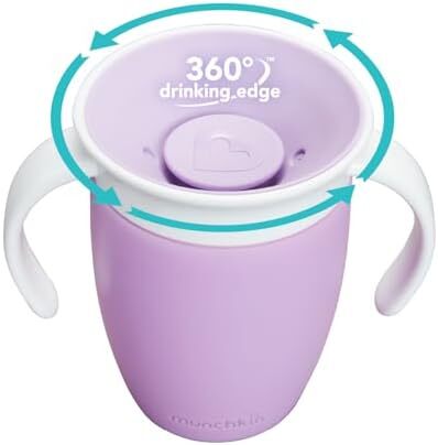 لیوان آموزشی ۳۶۰ درجه مانچکین، لیوان ضد نشت و ضد ریختن با دسته برای نوزادان و کودکان، ظرفیت ۷ اونس، مناسب برای ۶ ماه به بالا، رنگ بنفش Image