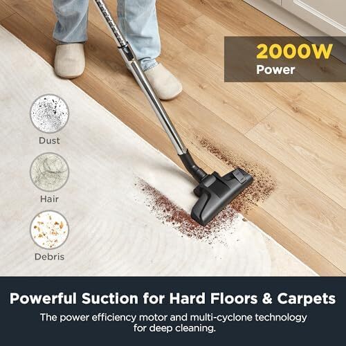 جاروبرقی EUREKA 2000W با ظرفیت 2.2 لیتری و فیلتر سیکلونی، جاروبرقی بدون کیسه، فیلتر قابل شستشو برای موی حیوانات، فرش، کاشی، 220 ولت، آپولو Image