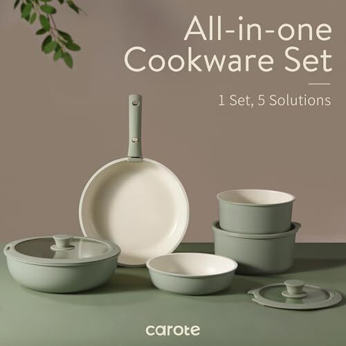 ست قابلمه و تابه CAROTE، ست ظروف نچسب با دسته جداشونده، ۱۵ تکه ست ظروف آشپزخانه القایی نچسب با دسته قابل جدا شدن، ست ظروف RV، مقاوم در برابر فر، سبز مریم گلی Image