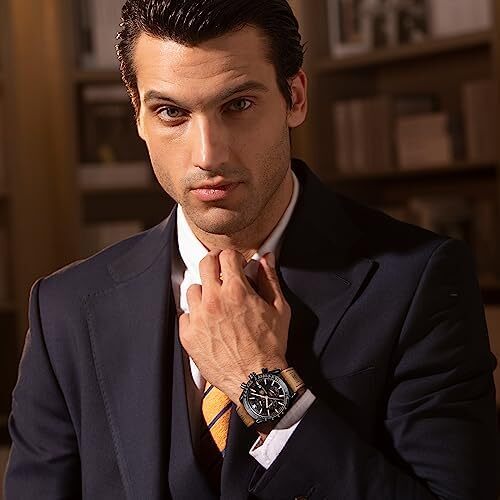 ساعت مچی مردانه BY BENYAR ساعت چند کاره کرونوگراف تاریخ کوارتز مردانه استیل ضد زنگ مشکی/بند چرم قهوه ای آنالوگ ساعت مچی هدیه برای مردان مشاغل معمولی Image