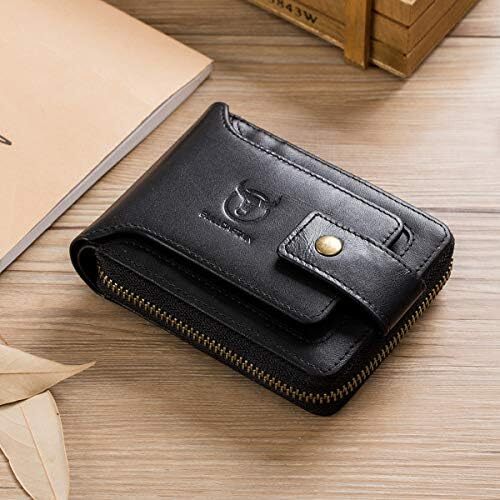 کیف پول مردانه RFID چرم اصل BULLCAPTAIN با ظرفیت بزرگ کارت شناسایی با جیب سکه زیپ QB-231، مشکی، کوچک، مینیمالیستی Image