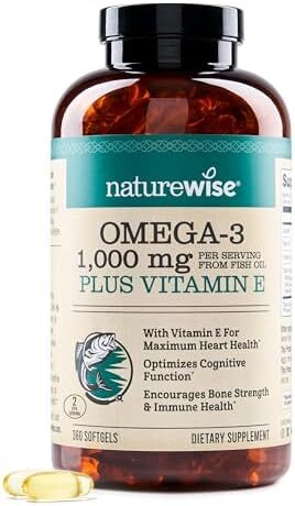مکمل روغن ماهی امگا 3 با قدرت اضافی NatureWise - 1000 میلی‌گرم در هر وعده - 600 EPA و 400 DHA و ویتامین E - حمایت از سلامت قلب و مغز - طعم لیمو، غیرتراریخته - 360 کپسول نرم [تأمین 6 ماهه] Image