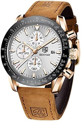 ساعت مچی مردانه BY BENYAR ساعت چند کاره کرونوگراف تاریخ کوارتز مردانه استیل ضد زنگ مشکی/بند چرم قهوه ای آنالوگ ساعت مچی هدیه برای مردان مشاغل معمولی Image