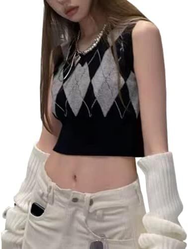 جلیقه ژاکت بافتنی Hyipels Argyle زنانه Y2K لباس بافتنی چهارخانه مدل لباس بافتنی Preppy Style V یقه تاپ تانک دخترانه