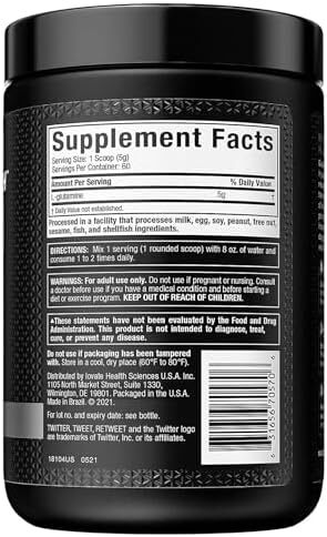 دمنوش ماسل‌تک پلاتینیوم 100% تقویت‌کننده گلوتامین، ریکاوری عضلانی، مکمل گلوتامین پلاسما و مواد ممنوعه پس از تمرین، ال‌گلوتامین برای مردان و زنان، بدون طعم 300 گرم Image