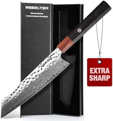 WEERLTEM Damascus Chef Knife, Upgraded 8 Inch Professional VG10 Damascus steel Japanese Kiritsuke Knife, Ultra Sharp 67-Layer Damascus Kitchen Knife with Octagonal Red Sandalwood Handle & Gift Box Image
