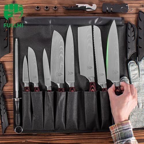 ست چاقو ژاپنی ۱۵ تکه FULLHI با نگهدارنده چاقو مغناطیسی، ست چاقو آشپزخانه استیل ضد زنگ با کیفیت بالا Image
