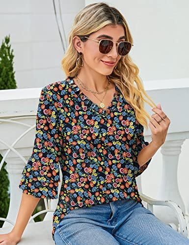 TFSDOD زنانه یقه V یقه 3/4 تاپ آستین زنگ دار یقه یقه دار پیراهن آستین دار یقه دار بلوزهای گشاد تابستانی تابستانی Image