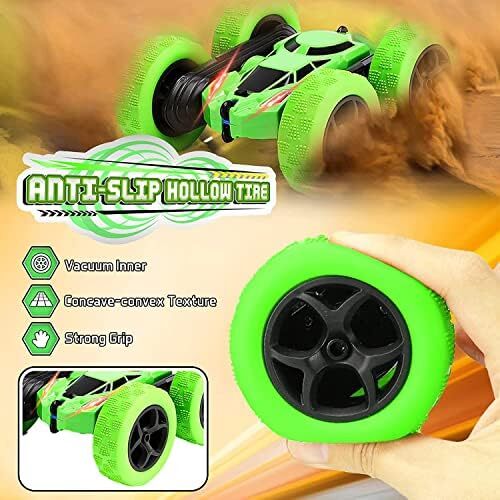 ریموت کنترل Swift RC Car Toys | ماشین شیرین کاری برای پسران 3 تا 12 ساله | RC Cars 360 درجه چرخش دو طرفه چرخش 4WD 2.4Ghz ماشین اسباب بازی در فضای باز برای هدایای تولد کودکان (سبز) Image