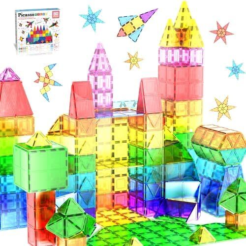 PicassoTiles 60 Piece Piece Magnet Tiles Building Clear Magnetic 3D Building Blocks Playboards - خلاقیت فراتر از تصور، الهام بخش، تفریحی، آموزشی، متعارف 60 Image