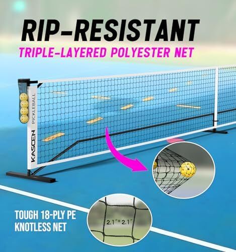 توری قابل حمل KASCEN Pickleball با چرخ - 22FT USAPA سایز تنظیمی توری Pickleball برای Driveway با نگهدارنده توپ، 4 Pickleball، کیف حمل برای فضای بیرونی سیاه سفید Image