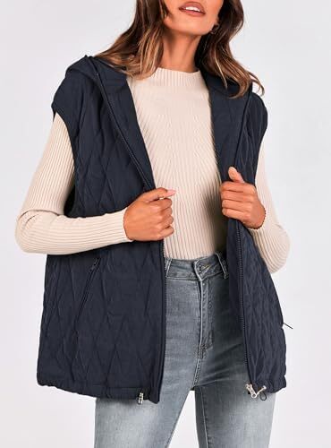 جلیقه لحاف دار پاییزی زنانه PRETTYGARDEN لباس بیرونی کت زمستانی ژاکت بدون آستین سرپوش دار زیپ دار Image