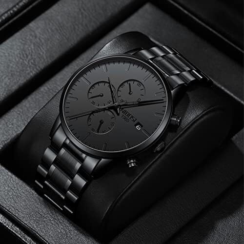 ساعت‌های مردانه NIBOSI ساعت‌های مینیمالیستی آنالوگ مشکی ساعت‌های مردانه تجاری کرنوگراف ساعت‌های مچی معمولی نظامی ساعت‌های مچی استیل ضد زنگ تاریخ Image