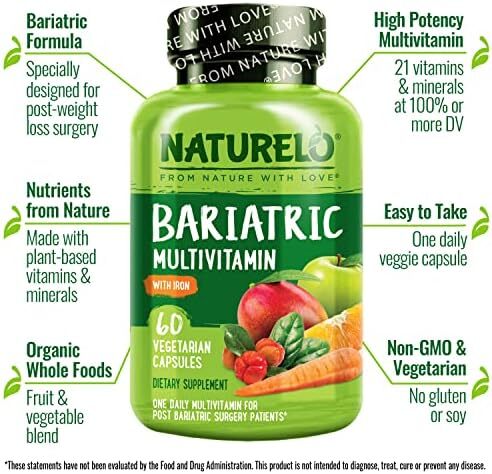 مولتی ویتامین باریاتریک NATURELO - یک عدد در روز با آهن - مکملی برای بیماران پس از جراحی بای پس معده - تغذیه طبیعی از غذاهای کامل - 60 کپسول گیاهی